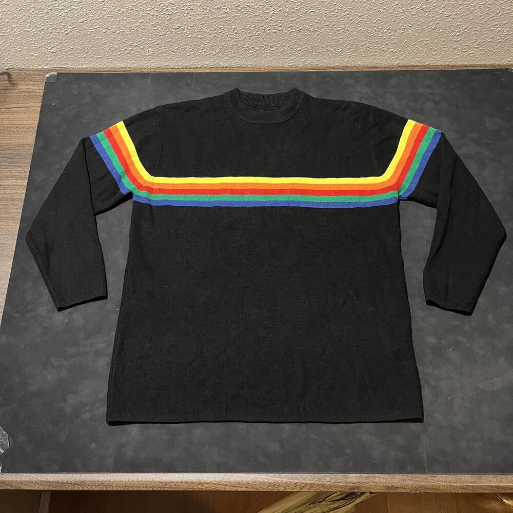 Vintage Unionbay Rainbow Sweater Mens Medium Black Stripe Crewneck Pullover 80s